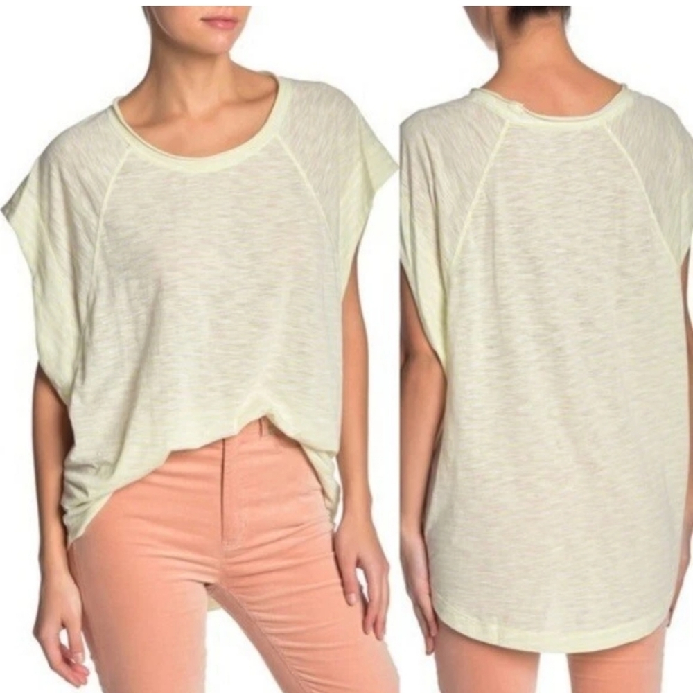 We The Free White And Lime Casual  Short Cap Sleeve Top In Size Small